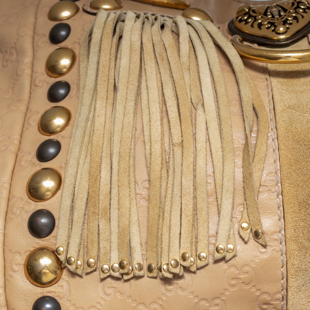 Gucci Vintage GG Babouska Leather Tote Bag Beige Fringe Studded Shoulder Bag LRG - Picture 14 of 16